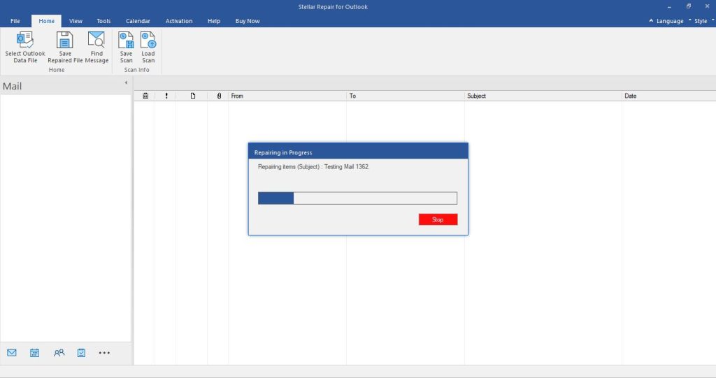 PST file Recovering Process Window