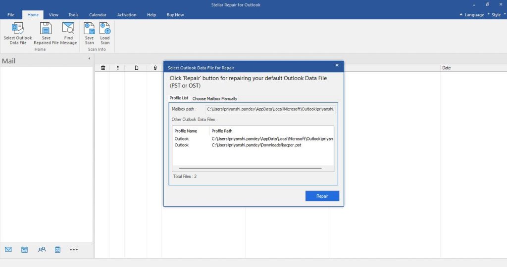 Outlook Data file selection window